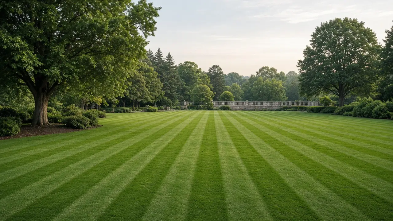 An elegant estate lawn, freshly mowed in light and dark stripes.